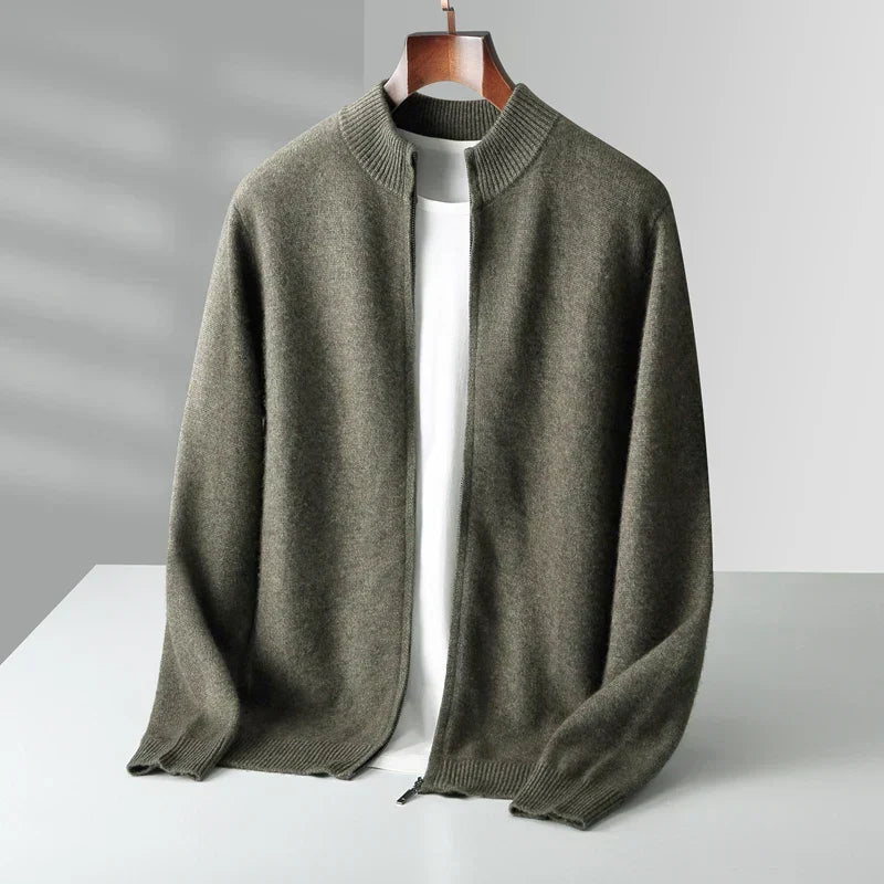 Men's Knit Sweater with Full Zip and Mock Neck