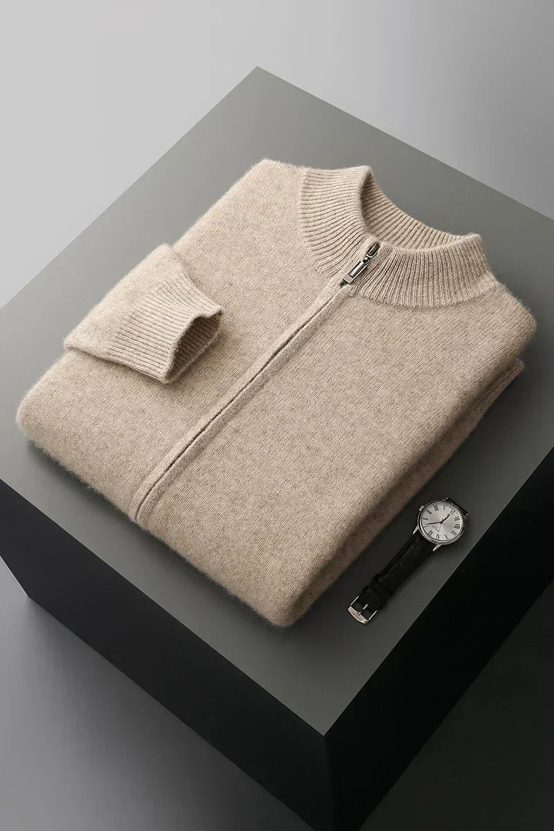 Men's Knit Sweater with Full Zip and Mock Neck