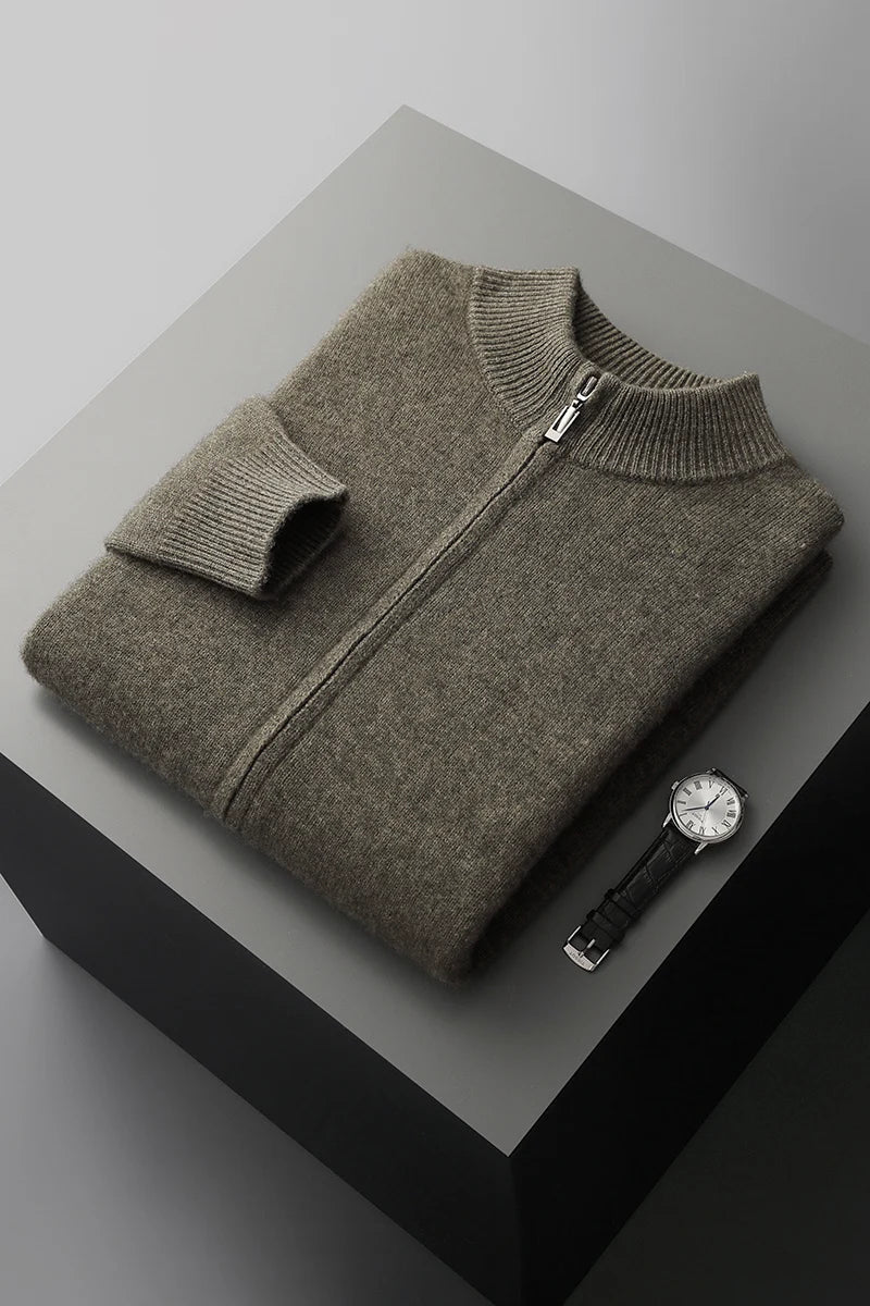 Men's Knit Sweater with Full Zip and Mock Neck