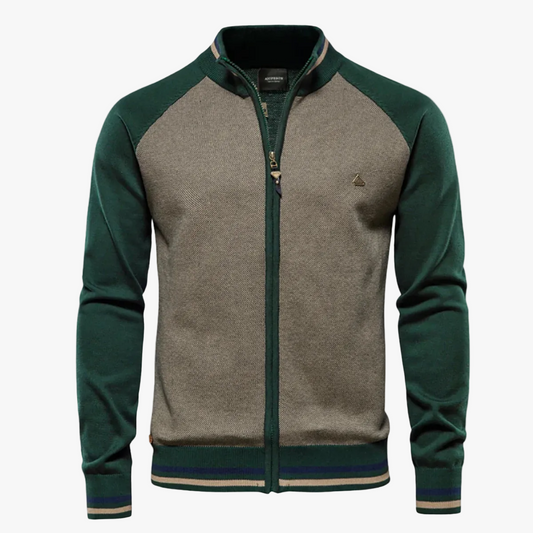 Men's Knit Sweater with Full-Zip Front and Stand Collar