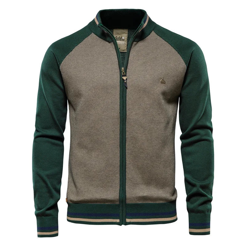 Men's Knit Sweater with Full-Zip Front and Stand Collar