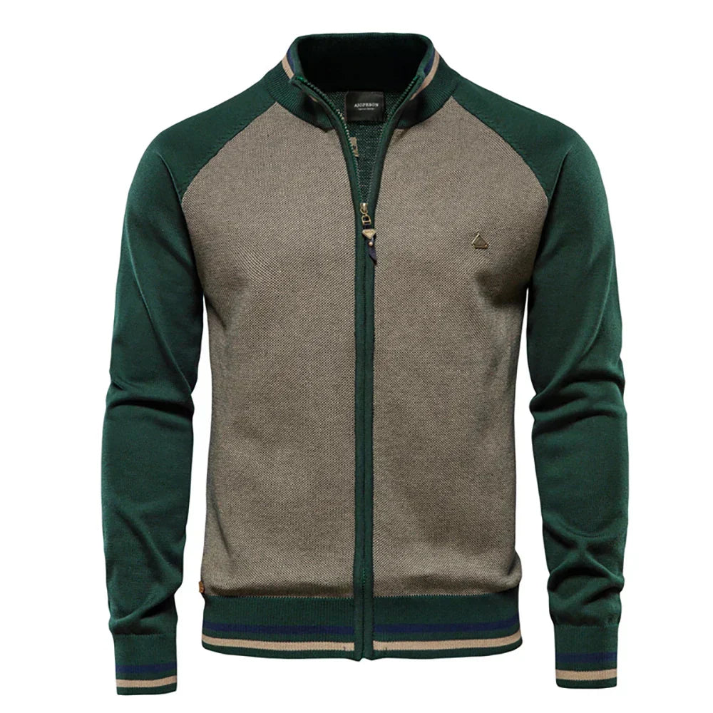 Men's Knit Sweater with Full-Zip Front and Stand Collar
