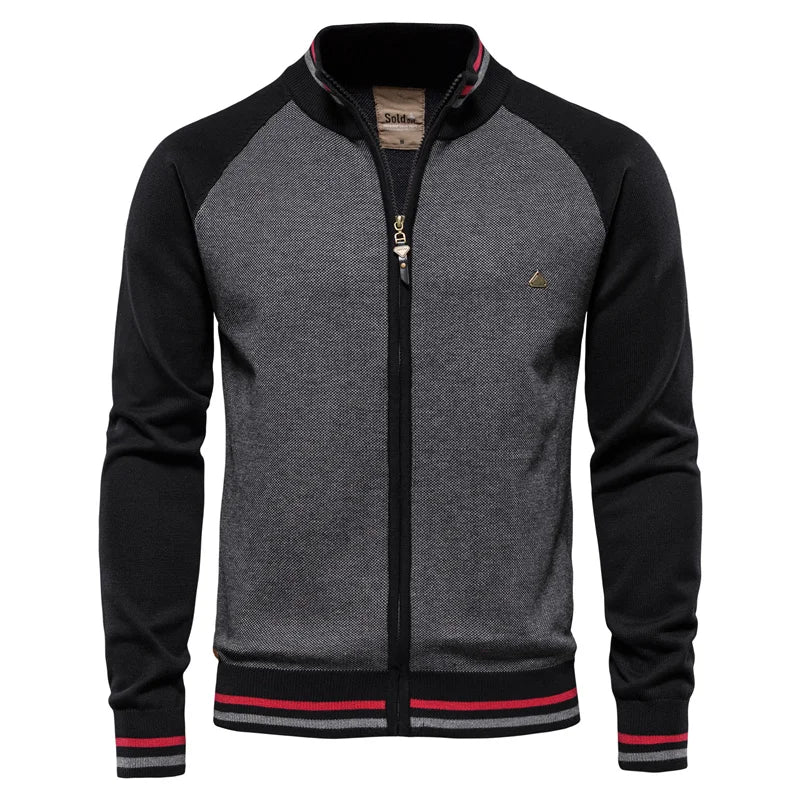 Men's Knit Sweater with Full-Zip Front and Stand Collar