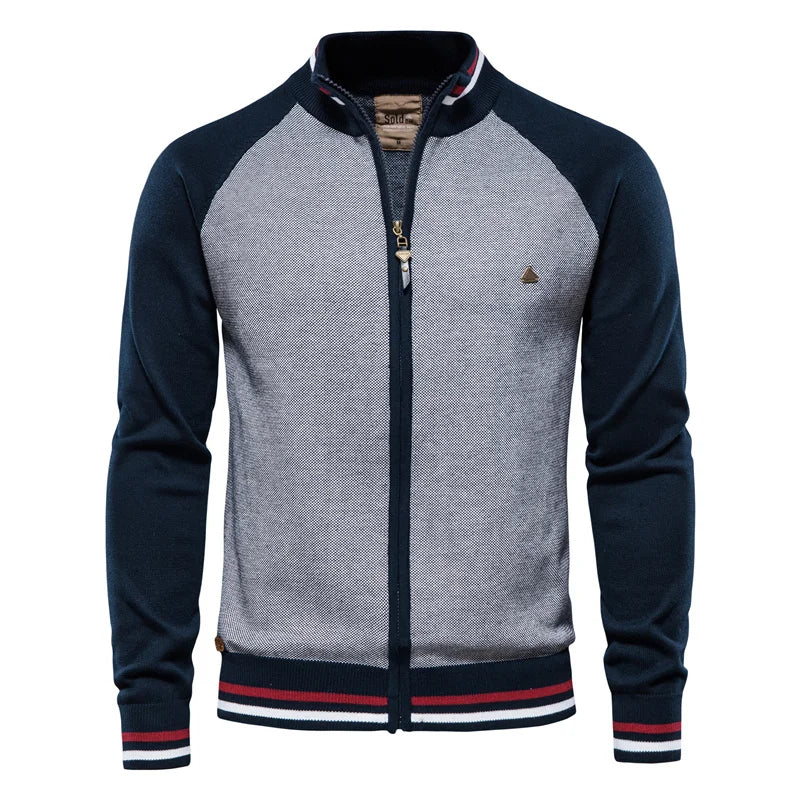 Men's Knit Sweater with Full-Zip Front and Stand Collar