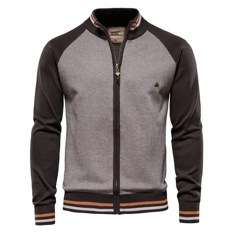 Men's Knit Sweater with Full-Zip Front and Stand Collar