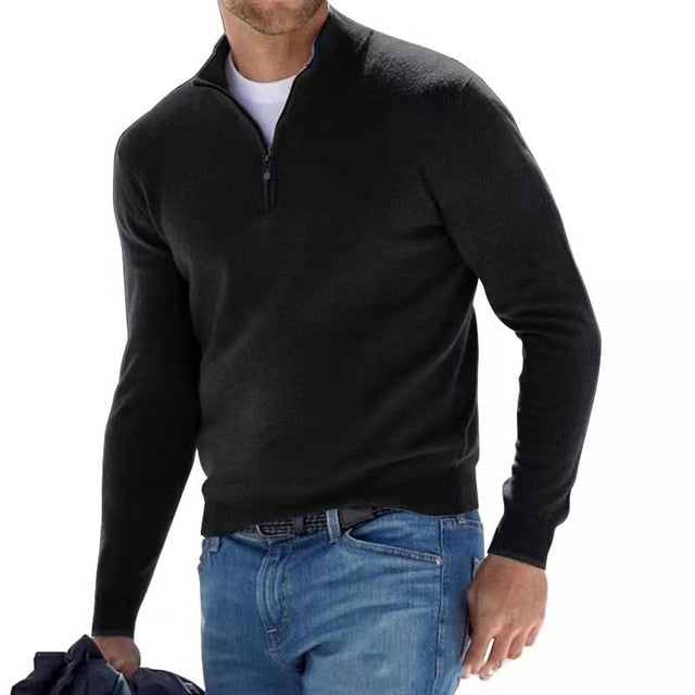 Men's Knit Sweater with Half Zip and Mock Neck