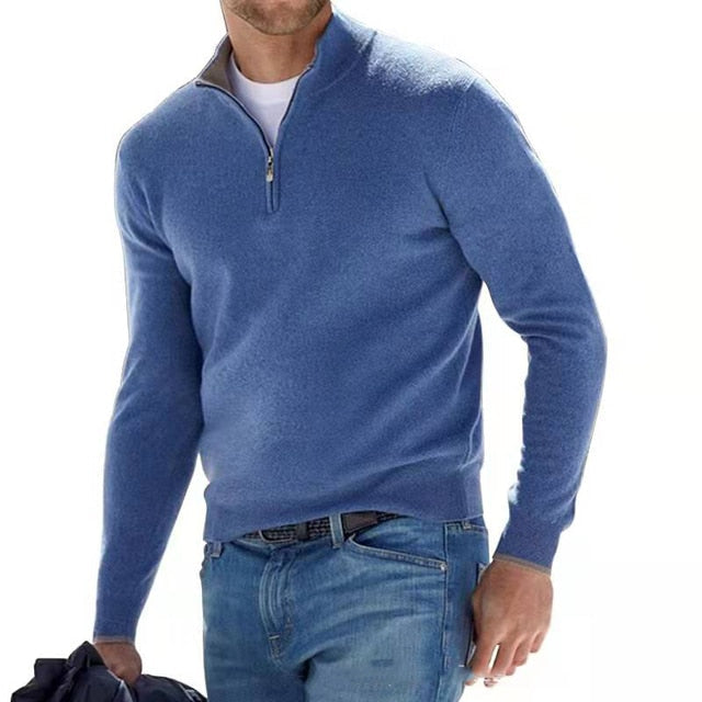 Men's Knit Sweater with Half Zip and Mock Neck