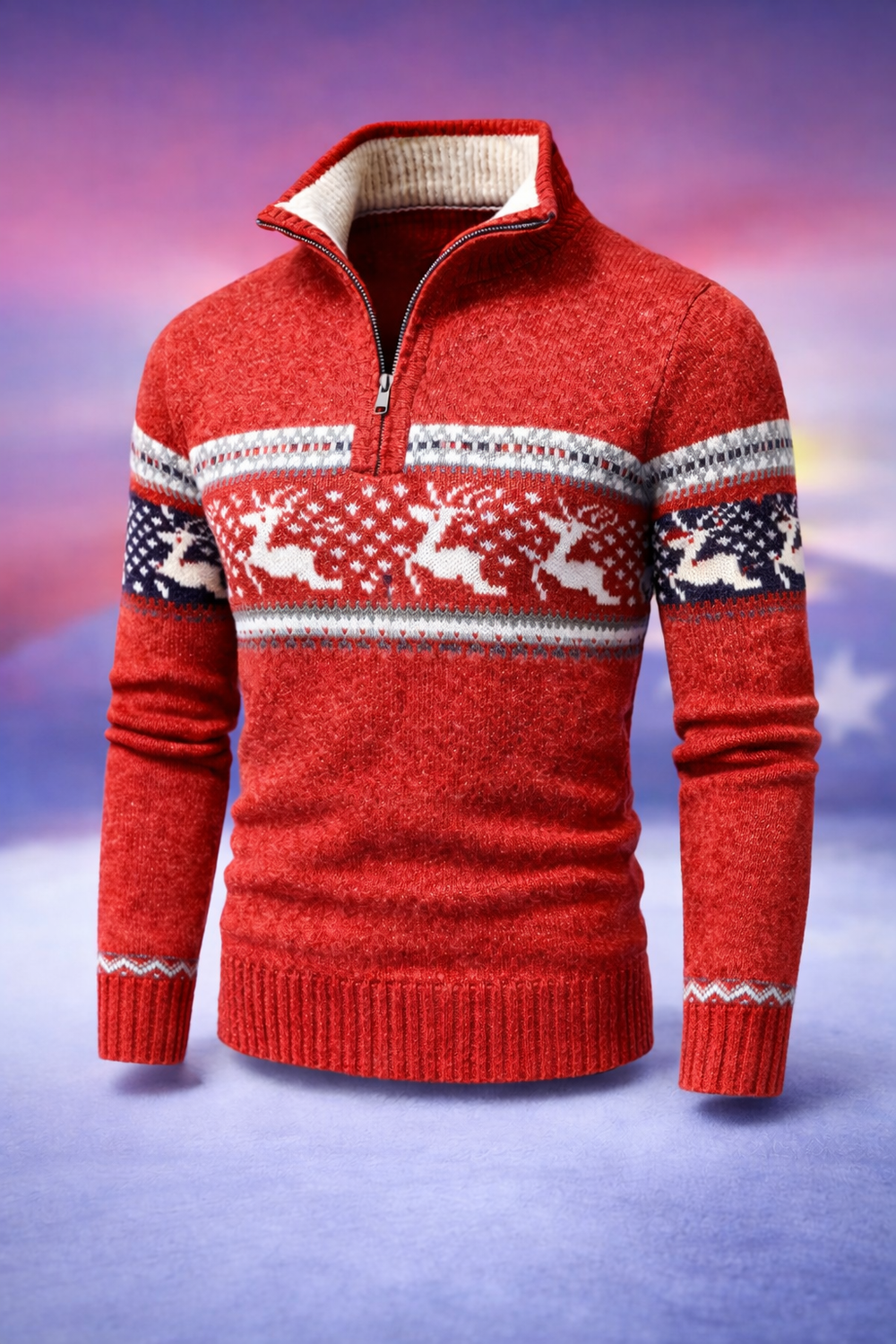 Men's Knit Sweater with Half-Zip and Stand Collar