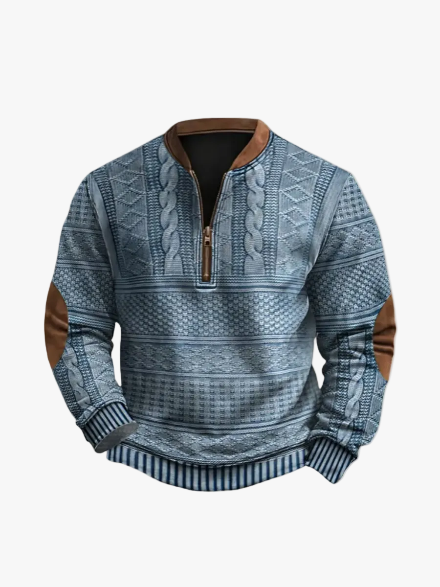 Men's Knit Sweater with Quarter Zip and Pattern Panels