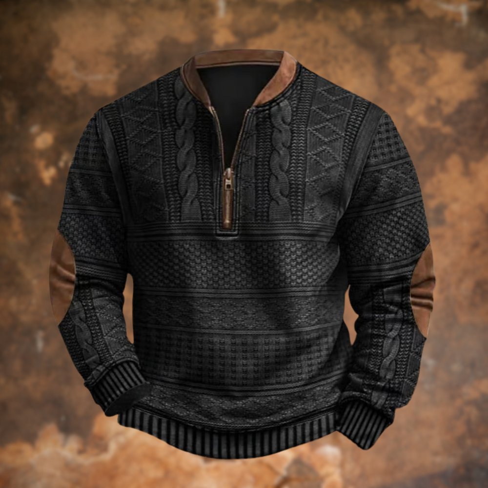 Men's Knit Sweater with Quarter Zip and Pattern Panels