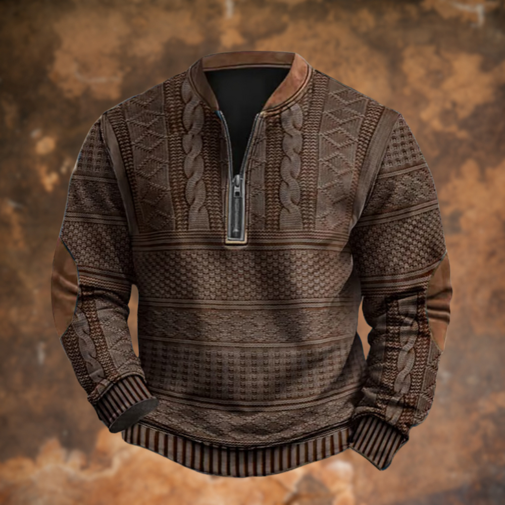 Men's Knit Sweater with Quarter Zip and Pattern Panels