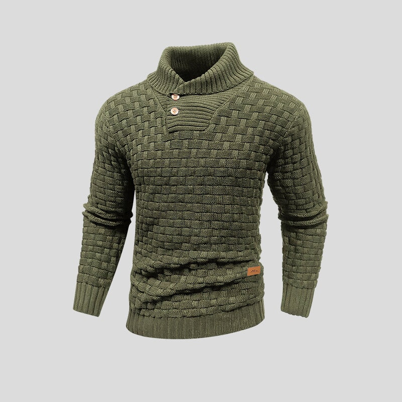 Men's Knit Sweater with Shawl Collar and Button Placket
