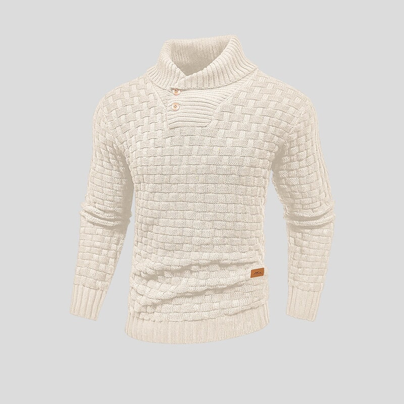 Men's Knit Sweater with Shawl Collar and Button Placket