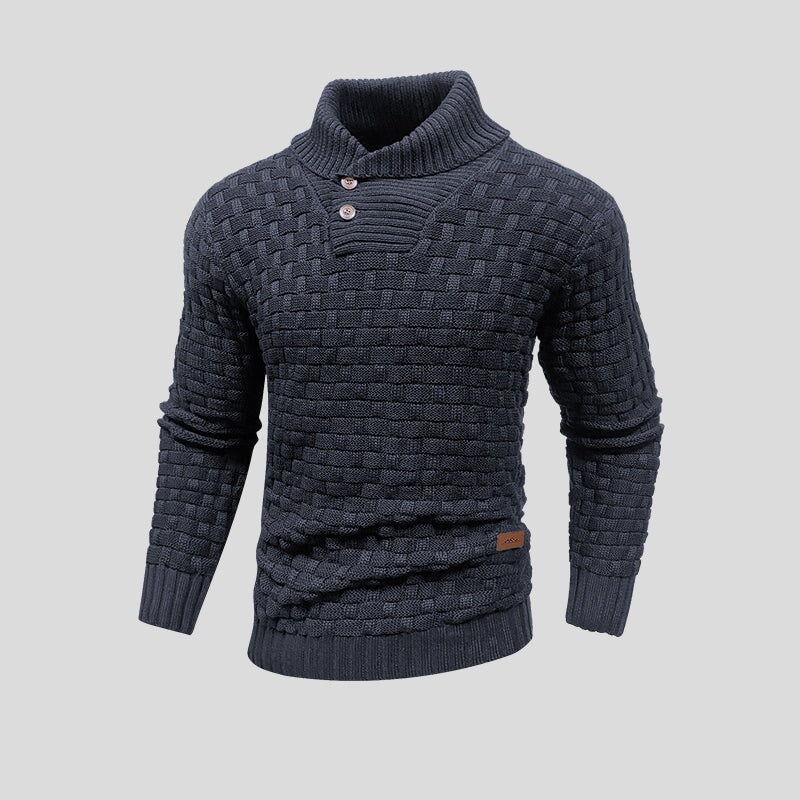 Men's Knit Sweater with Shawl Collar and Button Placket