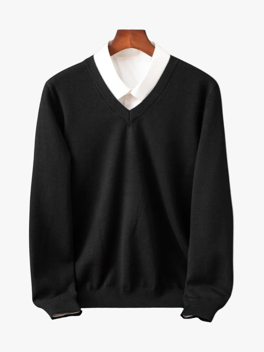 Men's Knit Sweater with V Neck and Rib Trim