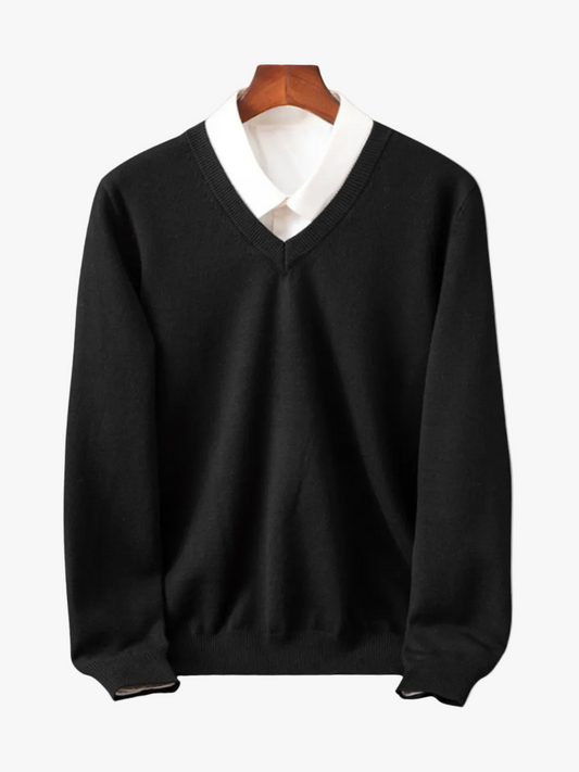 Men's Knit Sweater with V Neck and Rib Trim