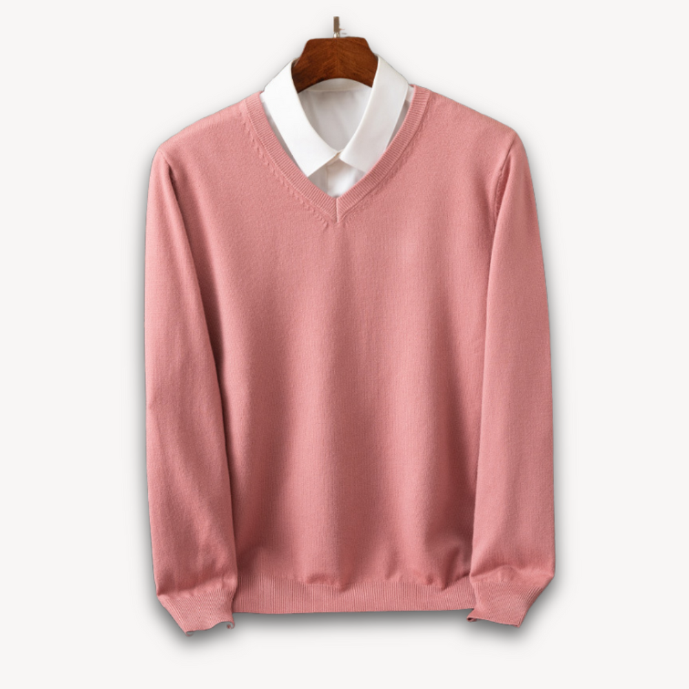 Men's Knit Sweater with V Neck and Rib Trim