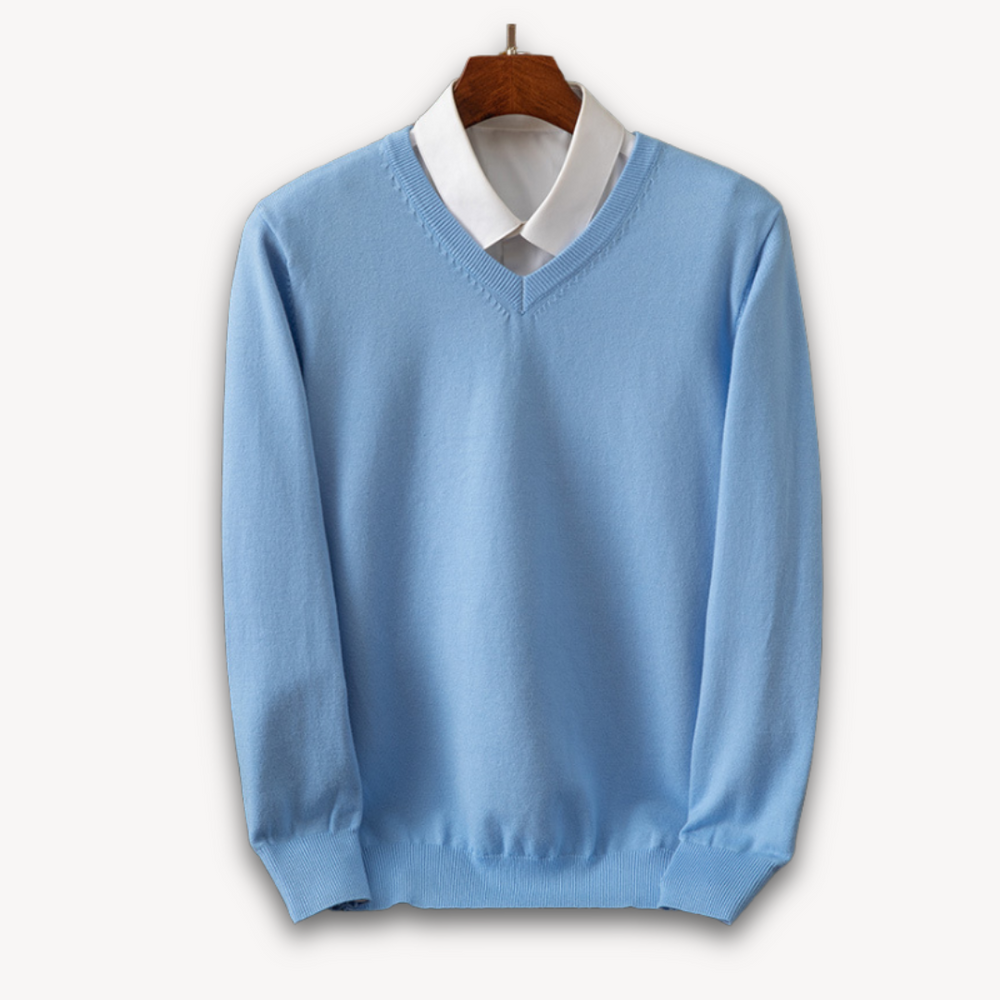 Men's Knit Sweater with V Neck and Rib Trim