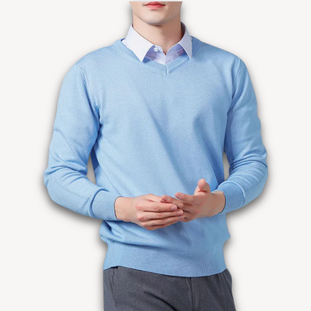 Men's Knit Sweater with V Neck and Rib Trim