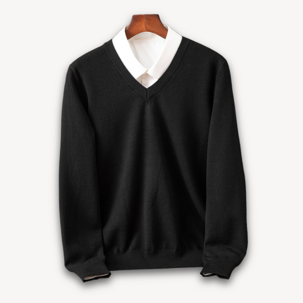 Men's Knit Sweater with V Neck and Rib Trim