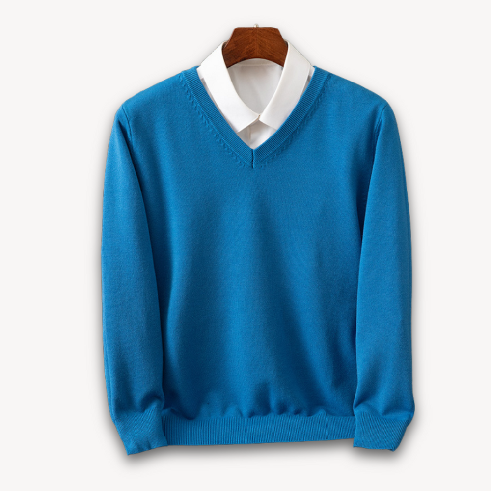 Men's Knit Sweater with V Neck and Rib Trim
