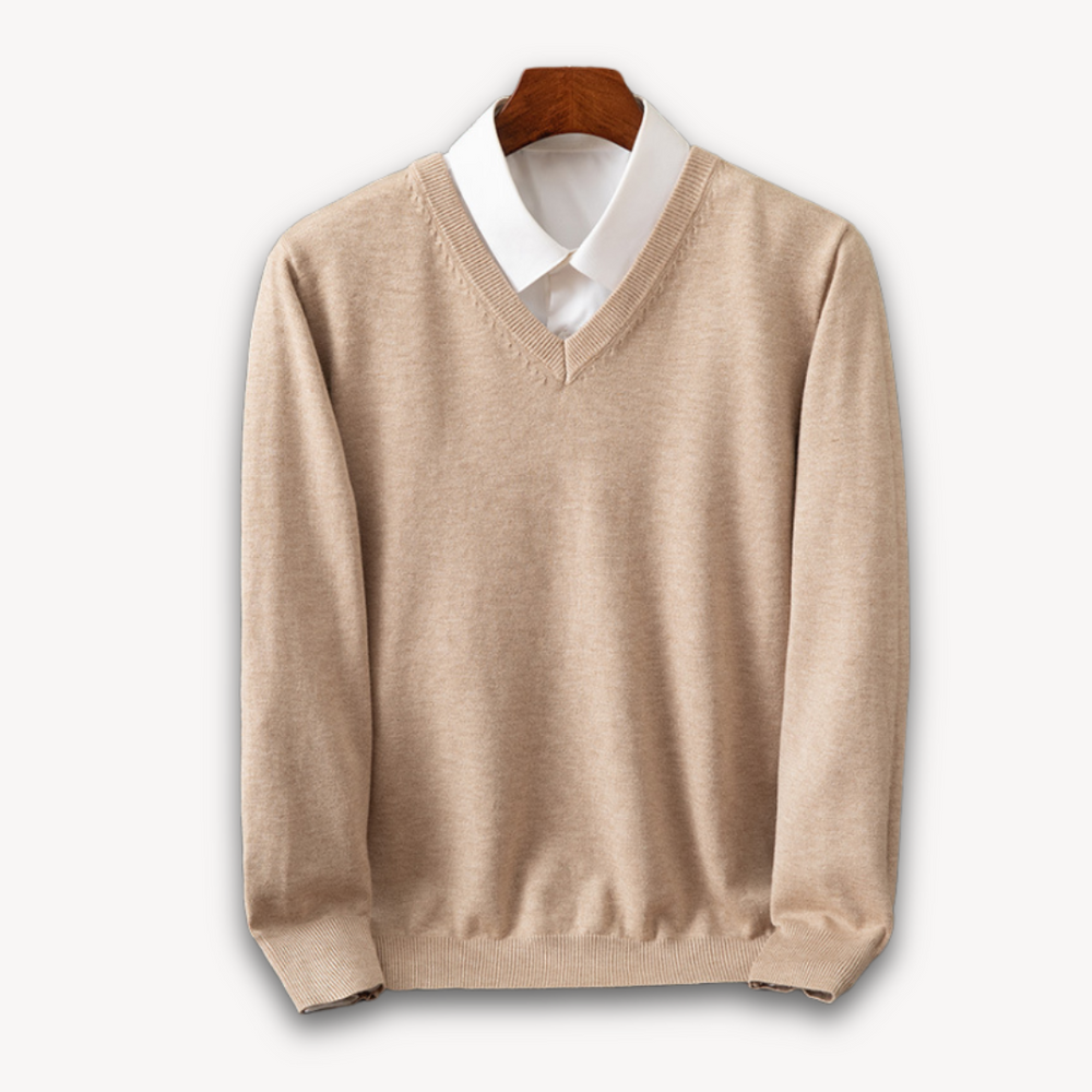 Men's Knit Sweater with V Neck and Rib Trim