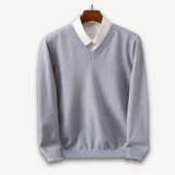 Men's Knit Sweater with V Neck and Rib Trim