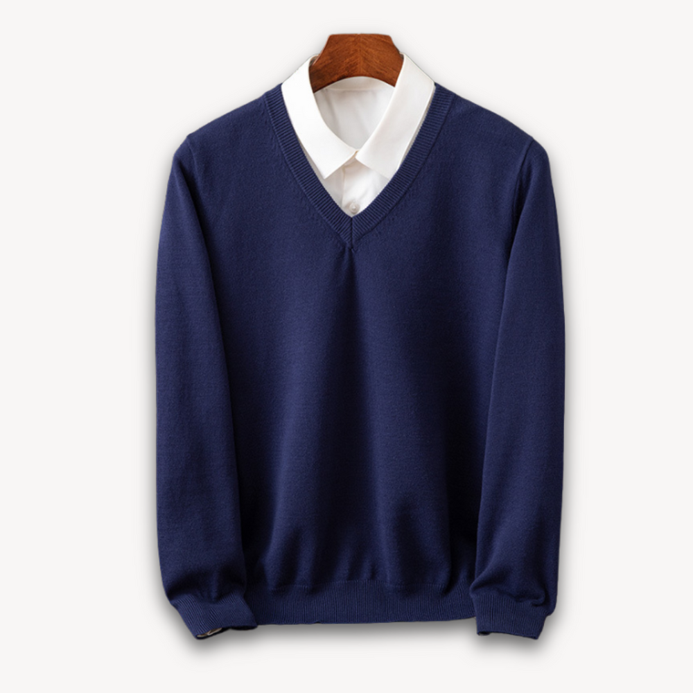 Men's Knit Sweater with V Neck and Rib Trim