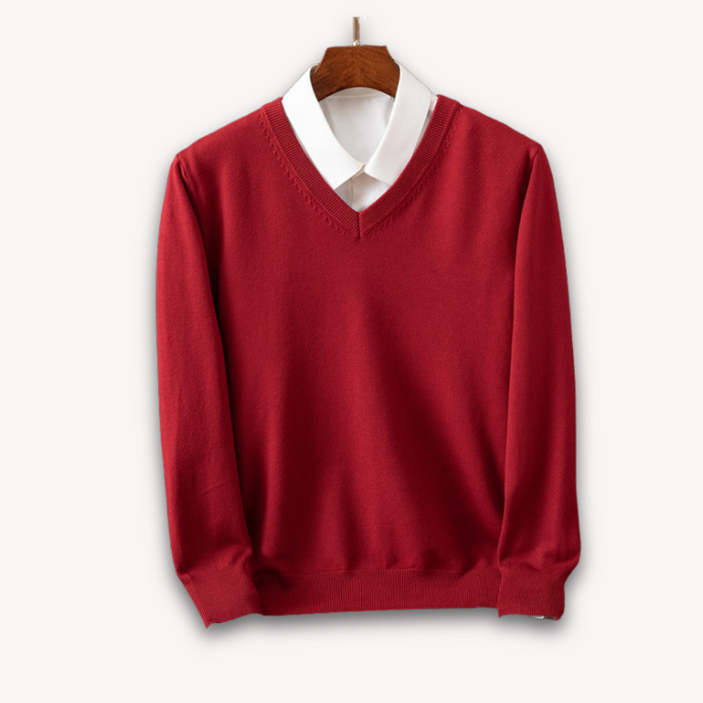 Men's Knit Sweater with V Neck and Rib Trim