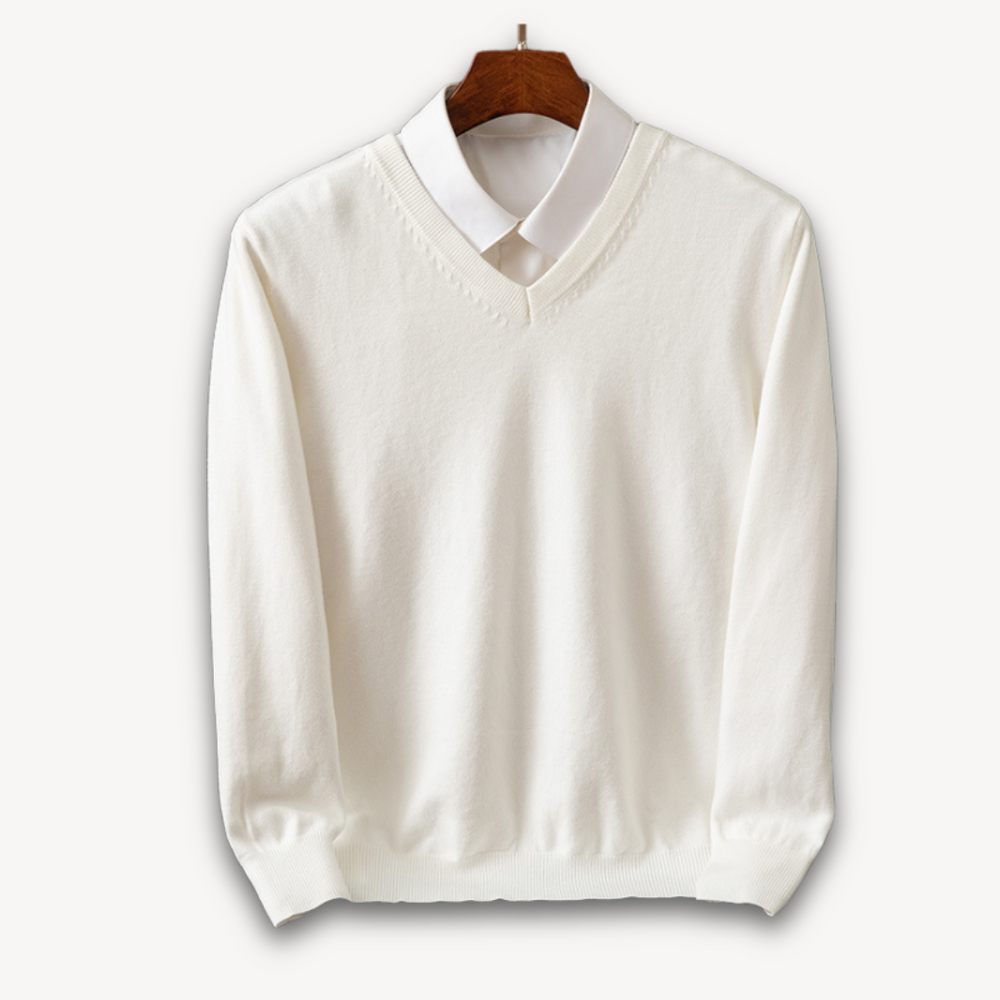 Men's Knit Sweater with V Neck and Rib Trim