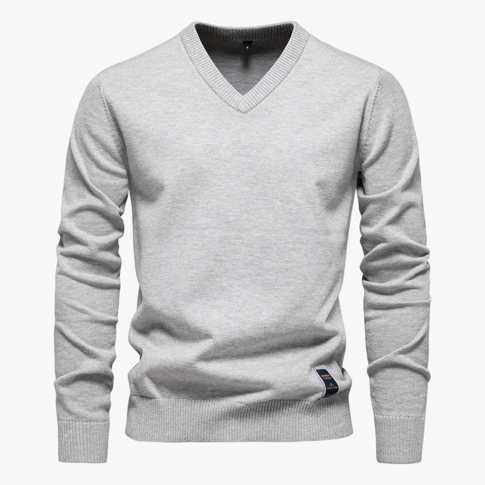 Men's Knit Sweater with V-Neck and Ribbed Cuffs