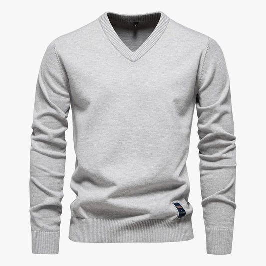 Men's Knit Sweater with V-Neck and Ribbed Cuffs