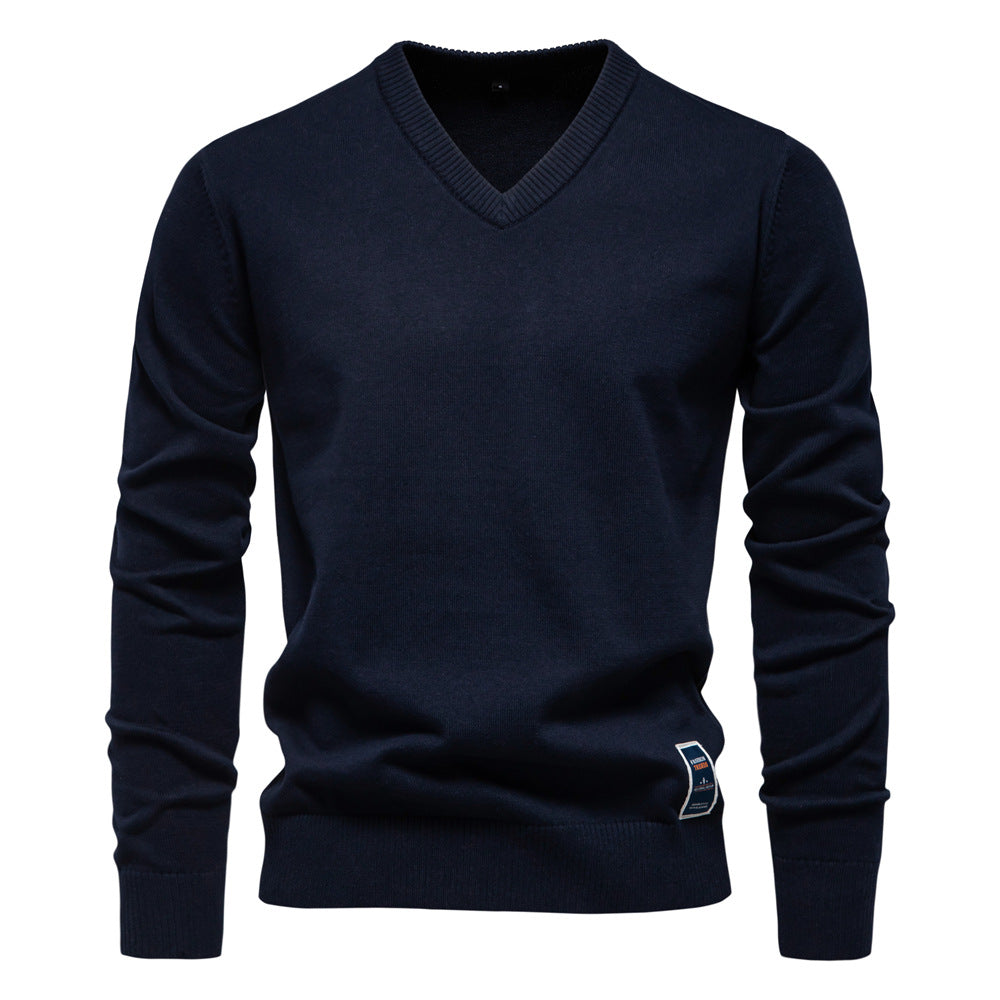 Men's Knit Sweater with V-Neck and Ribbed Cuffs