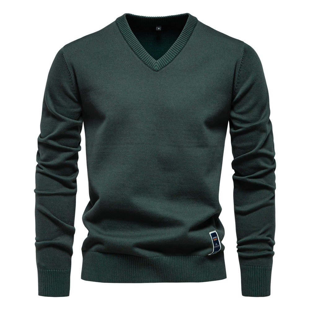 Men's Knit Sweater with V-Neck and Ribbed Cuffs
