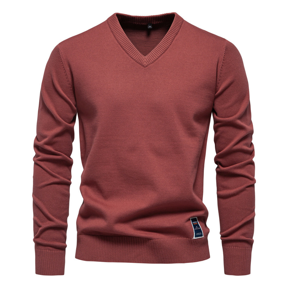 Men's Knit Sweater with V-Neck and Ribbed Cuffs