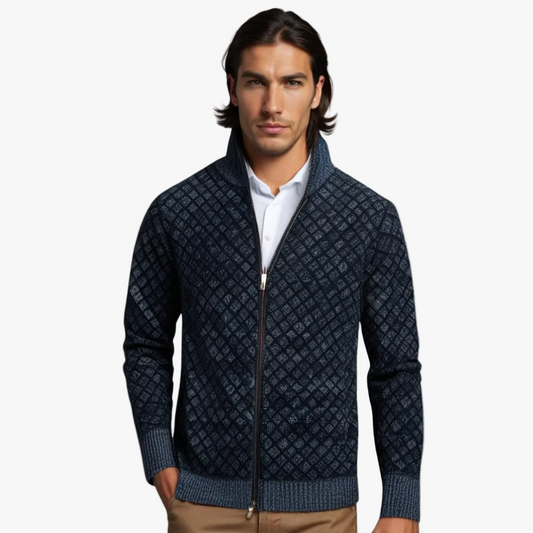 Men's Knit Zip-Up Sweater with Stand Collar and Pockets