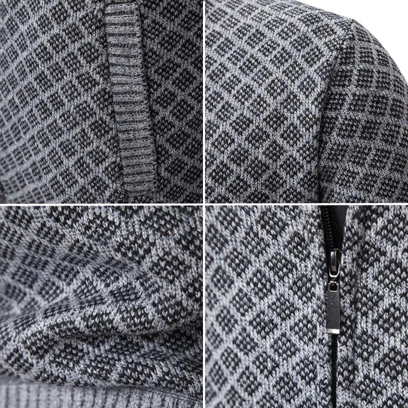 Men's Knit Zip-Up Sweater with Stand Collar and Pockets