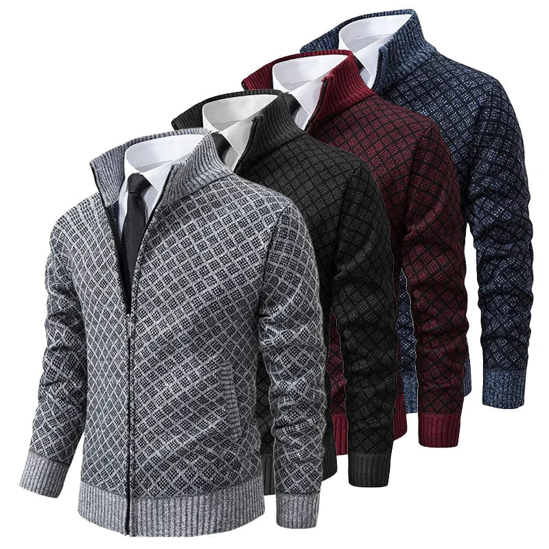 Men's Knit Zip-Up Sweater with Stand Collar and Pockets