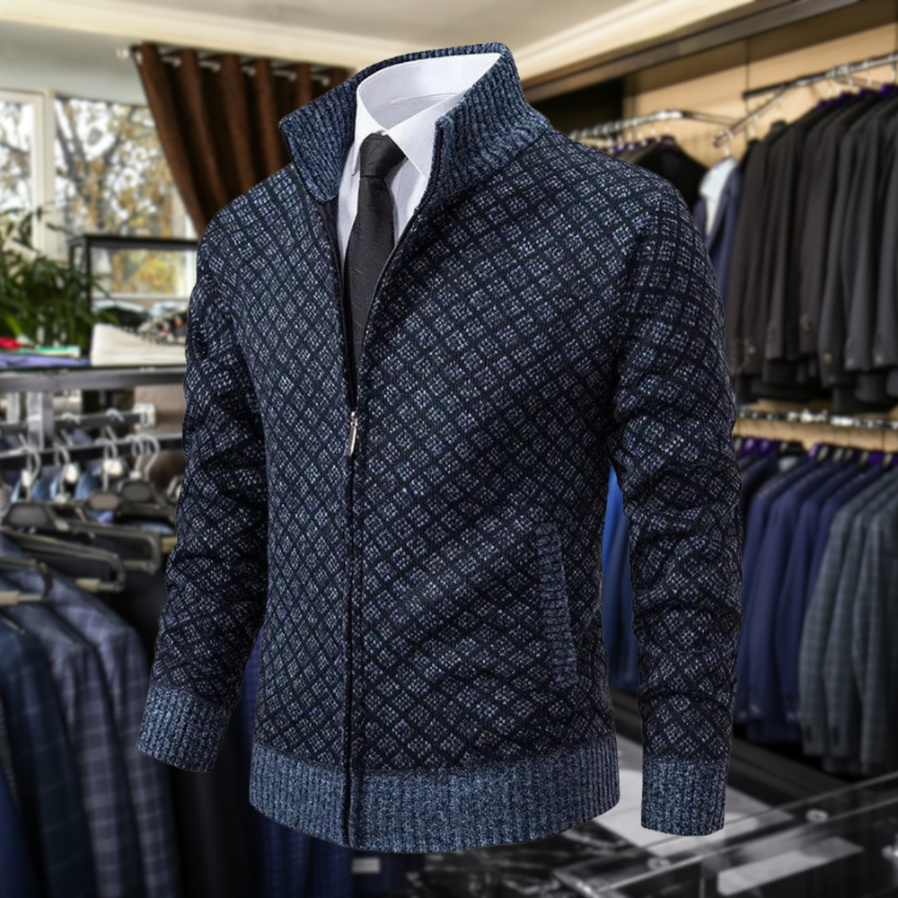 Men's Knit Zip-Up Sweater with Stand Collar and Pockets