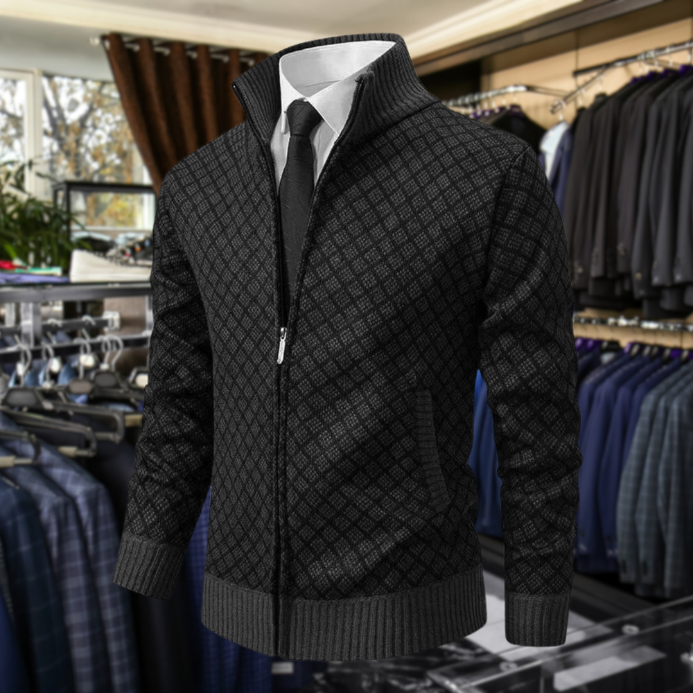 Men's Knit Zip-Up Sweater with Stand Collar and Pockets