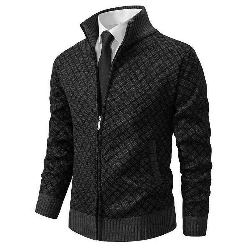 Men's Knit Zip-Up Sweater with Stand Collar and Pockets