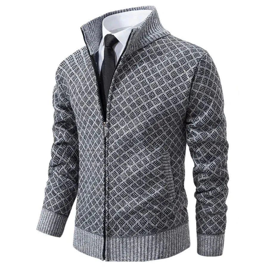 Men's Knit Zip-Up Sweater with Stand Collar and Pockets