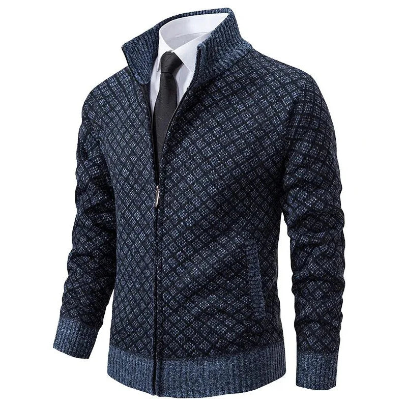 Men's Knit Zip-Up Sweater with Stand Collar and Pockets