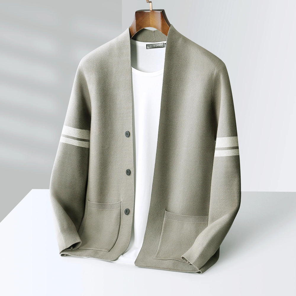 Men's Merino Blend Cardigan with Sleeve Stripes and Patch Pockets