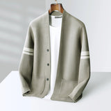 Men's Merino Blend Cardigan with Sleeve Stripes and Patch Pockets