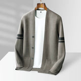Men's Merino Blend Cardigan with Sleeve Stripes and Patch Pockets