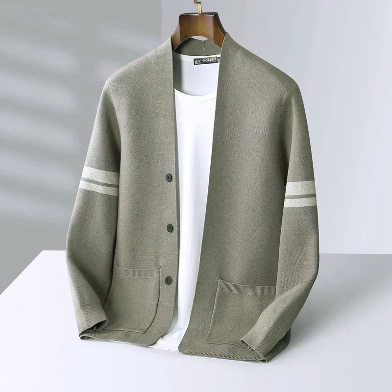 Men's Merino Blend Cardigan with Sleeve Stripes and Patch Pockets