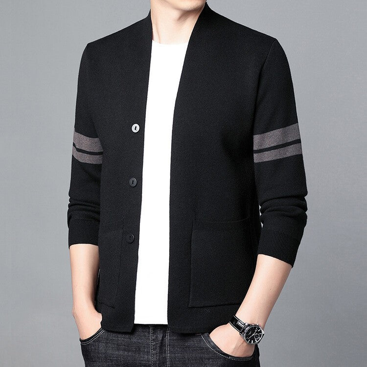 Men's Merino Blend Cardigan with Sleeve Stripes and Patch Pockets
