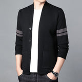 Men's Merino Blend Cardigan with Sleeve Stripes and Patch Pockets