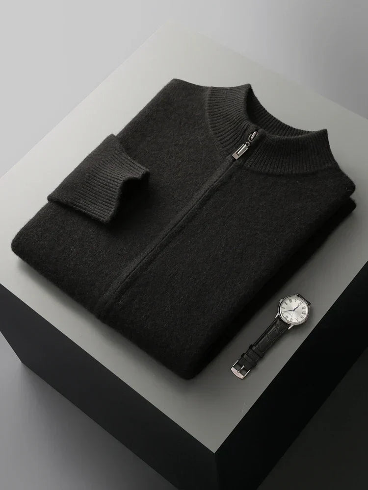 Men's Merino Cardigan with Full Zip and Mock Neck